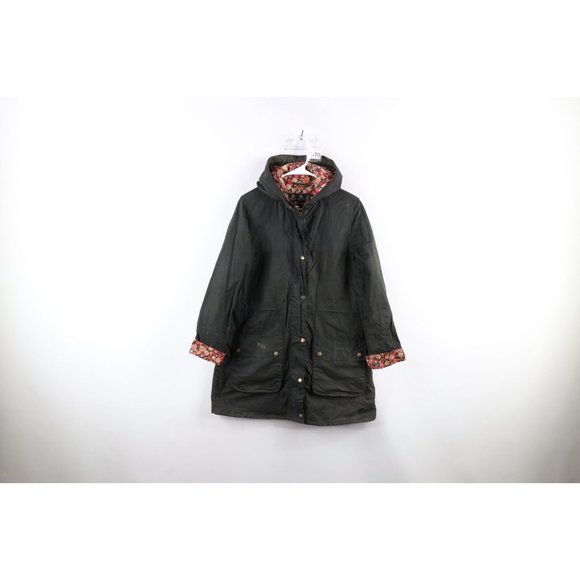 Barbour Womens Size 10 Hooded Floral Lined Lula Durham Waxed Jacket Olive Green